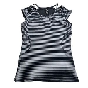 MPG Mondetta Performance Gear Top Women Medium Black Grey Striped Cap Sleeve